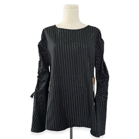 Halogen Nordstrom Wide Lurex Stripe Blouse Women M Black Cinch Flared Sleeve NWT - Picture 1 of 13